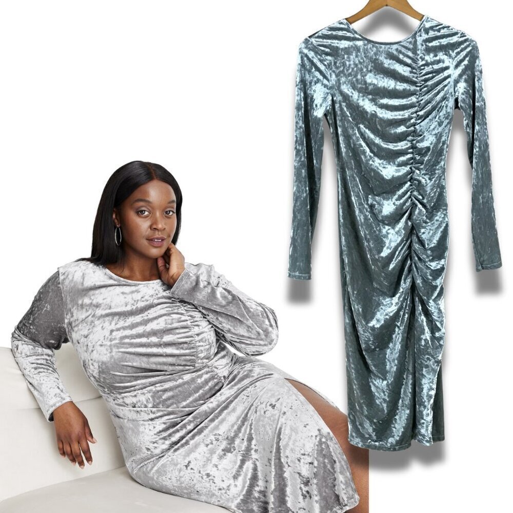 Future Collective Silver Velvet Bodycon Midi Dress XS